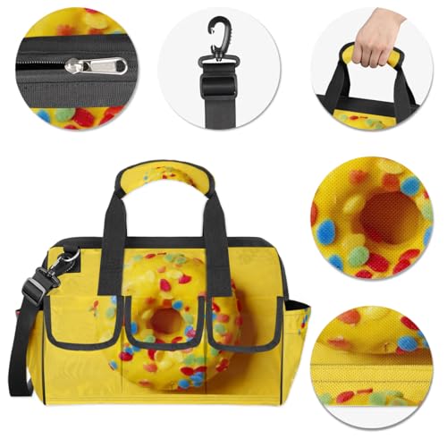 15 Inch Tool Bag 14-Pockets Tool Box Organizer for Men Donuts Yellow Tool Tote Bag Waterproof Toolbox with Shoulder Strap Heavy Duty Garden Tool Organizer for Mechanic