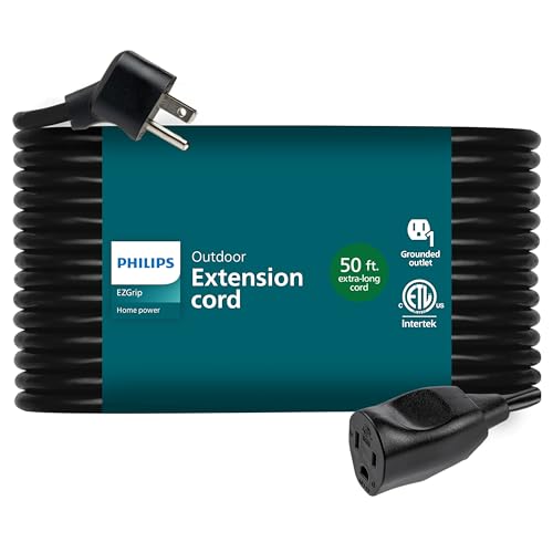 Philips EZGrip 1-Outlet Outdoor Extension Cord, Grounded 3 Prong Cord, Heavy Duty Extension Cord, 50 Ft, 16 AWG, Black, SPS3903B/37 - color: Black, size: 50 Ft, style: 1-Outlet