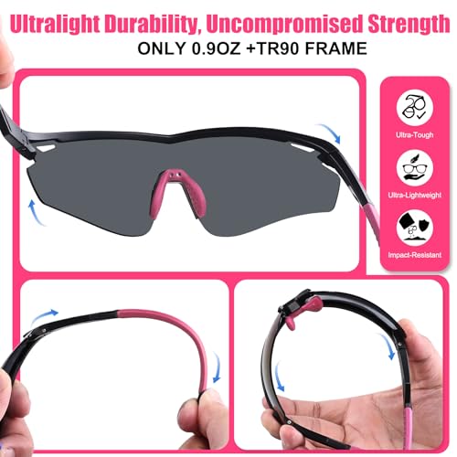 Polarized Sports Sunglasses for Men Women,Wrap Around Sun Glasses for Running Cycling Baseball Fishing Golf Hiking - color: Black Pink