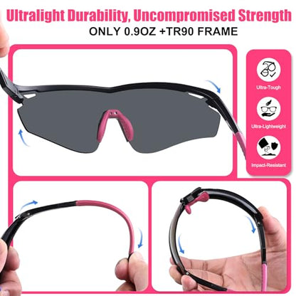 Polarized Sports Sunglasses for Men Women,Wrap Around Sun Glasses for Running Cycling Baseball Fishing Golf Hiking - color: Black Pink