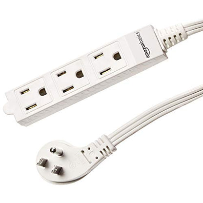 Amazon Basics 3-Prong Indoor Rectangle Extension Cord Power Strip, Flat Plug, Space-Saving, Grounded, 3 Outlets, 13 Amps, 125 VAC, 3 ft, White, 2-Pack - size: 3 ft