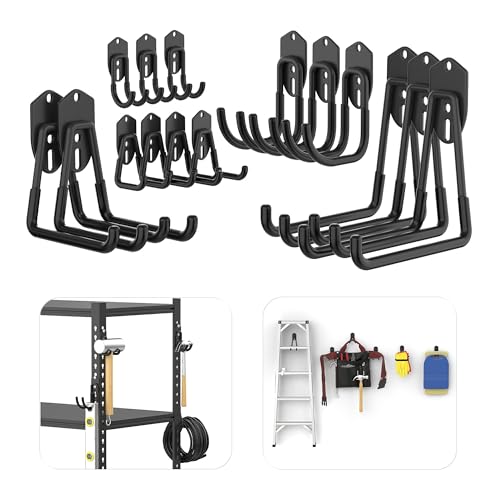 TORACK 15 PCS Garage Storage System Hooks, Shelving Hooks for Keyhole Shelving Units Wall Mount Utility Hooks for Tools, Ladders, Cords, Folding Chairs, Shovels and Rakes(Black) - color: Black