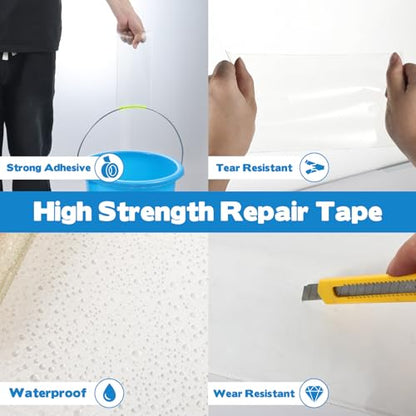 4.5Inch x 11FT Clear Waterproof Repair Tape with Scissors for Fabric, Awning, RV Roof, Tarp, Tent, Boat Cover – Heavy-Duty Polyurethane, UV & Heat Resistant Tear Repair Pctch Kit (1)