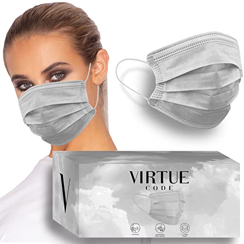 VIRTUE CODE On The Go Curved Face Masks - Soft 3 Ply Comfort 50 Disposable Face Masks - color: Grey