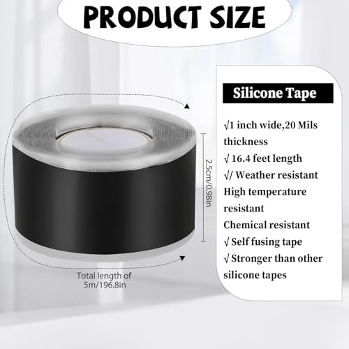 Self Fusing Silicone Tape 1" x 16.4FT – Black Waterproof Rescue Tape for Leak Repair, Plumbing, Hose & Pipe Sealing, Self-Amalgamating Rubber Tapes for Outdoor Electrical & Tool Fixation