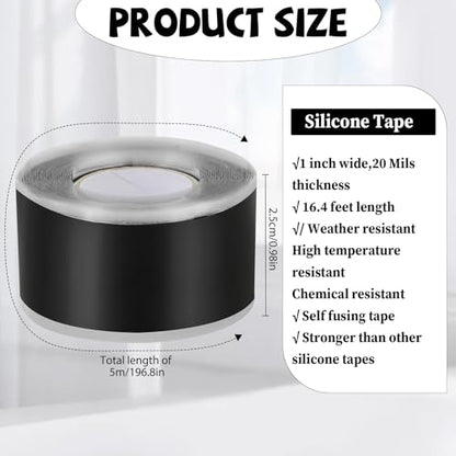 Self Fusing Silicone Tape 1" x 16.4FT – Black Waterproof Rescue Tape for Leak Repair, Plumbing, Hose & Pipe Sealing, Self-Amalgamating Rubber Tapes for Outdoor Electrical & Tool Fixation