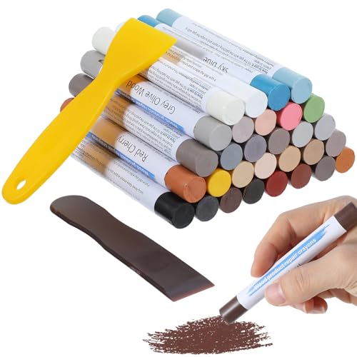 30+2Pieces Wood Filler Sticks, 30 Colos Wood Filler Putty Wax Crayons Furniture Repair Kit Putty Stick for Baseboard Cabinets Furniture Floors(with 2 Scrapers)