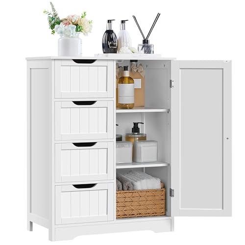 Yaheetech Large Bathroom Floor Cabinet with 4 Dawers and Single Door Cabinet, Freestanding Storage Cabinet for Living Room Kitchen Hallway, White - color: White, size: 26 x 14 x 35.5 In (LxWxH)