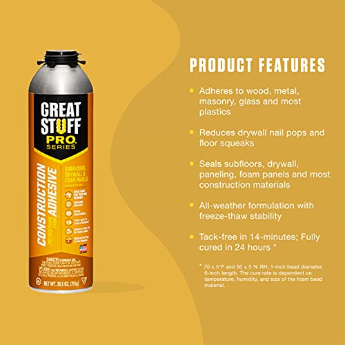 Great Stuff 343087 PRO 26.5-Ounce Construction Adhesive, Each, Cream, 26.5 Ounce - size: Each, style: Construction Adhesive