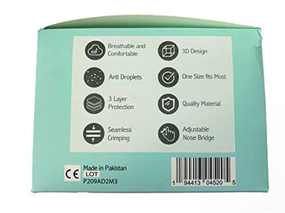 Mr Mask 3-Ply Disposable Face Mask Protective Adult Face Masks Breathable, Blue - Pack of 50