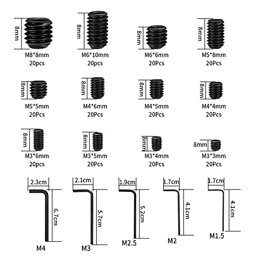 240 Pcs Allen Head Screws, Hex Socket Head Screws, Grub Screw Set, M3/M4/M5/M6/M8 Metric Stainless Steel Internal Hex Drive Cup-Point Screw Assortment Kit for Door Handles, Light Fixture(Black) - size: 12Size（240pcs Alloy Steel）