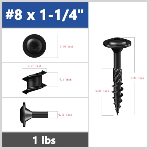 Wensilon (1 lbs)#8 x 1-1/4" Lag Screws, Structural Wood Screw, Heavy Duty Construction Screw, Rust Resistant, Washer Head, Black Coated Exterior Wood Screws, Star Drive with Bit - color: Black, size: #8 x 1-1/4"