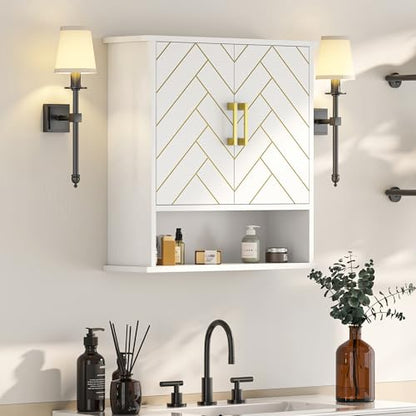 White Chevron Pattern Bathroom Wall Mount Cabinet, Stylish Hanging Medicine Cabinet with Open Shelf, Over The Toilet Storage for Bathroom Kitchen (23 5/8" x 22 7/8" x 7 1/8") - style: Chevron Pattern-White
