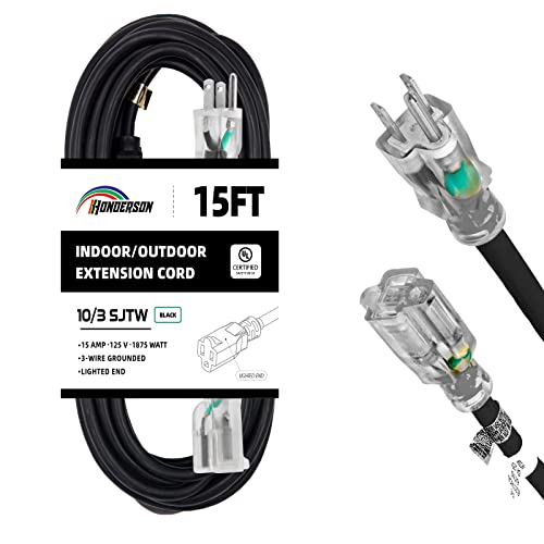 Indoor Outdoor Extension Cord Weatherproof with Lighted End, UL Listed, 10 Gauge 15FT Black 3 Prong Heavy Duty, 10/3 SJTW 15A Power Cord for Outdoor Lights, Lawn - size: 15FT, style: 10/3