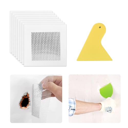 Drywall Repair Kit, 4Inch Drywall Patch Kit Self Adhesive Aluminum Plasterboard Wall Patches Quick Fix Plaster Wall with Scraper for Plaster Roof Drywall Crack Repair (9Pcs Kit)