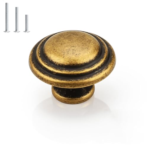 Gobrico 5 Pack 1-3/8 Inch Round Cabinet Knobs Antique Brass Top Ring Handles Bifold Kitchen Wardrobe Drawer Pulls - color: Antique Brass