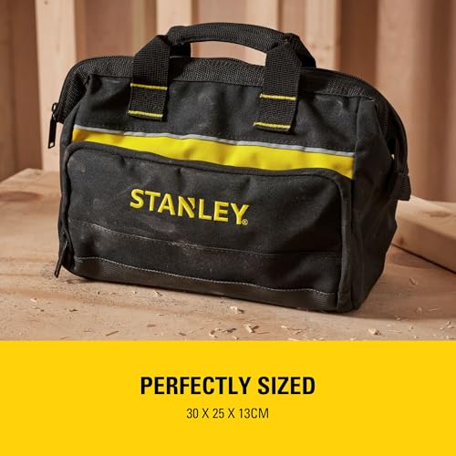 STANLEY Tool Bag 30 x 25 x 13 cm in Resistant 600 x 600 Denier with 8 Interior 2 Exterior Pockets and Reinfored Base 1-93-330, Black, 12"