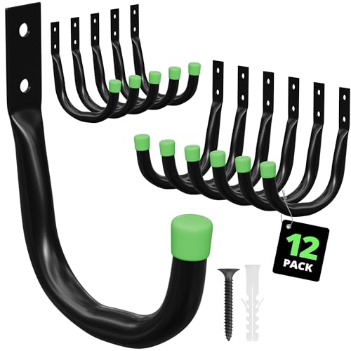 PRIMERIVER Heavy Duty Garage Storage Hooks | J-Hook Wall Mount Hangers with Screws | Utility Hooks for Tools, Ladders & Bikes – 12-Pack