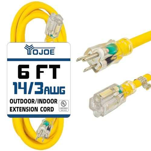 YOJOE Indoor Outdoor Extension Cord with Lighted End, 3 Prong 15A Weatherproof Power Cord, 14 Gauge Heavy Duty 6 ft Yellow Extension Cord for Garage, Garden and Home, 14/3 SJTW UL Listed - color: Yellow, size: 6 Foot