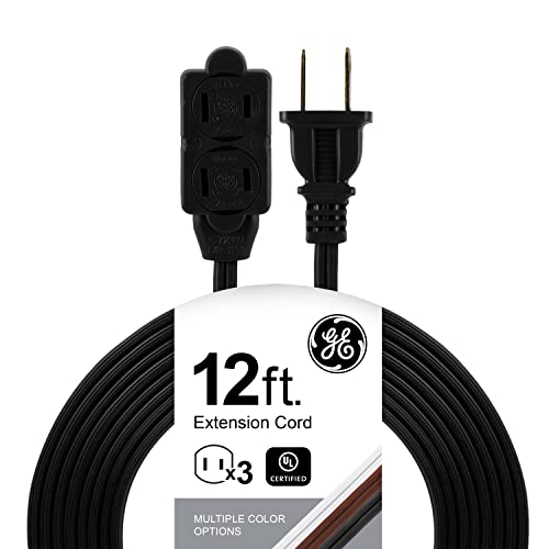 GE 12 Ft Extension Cord, 3 Outlet Power Strip, 2 Prong, 16 Gauge, Twist-to-Close Safety Outlet Covers, Indoor Rated, Perfect for Home, Office or Kitchen, UL Listed, Black, 45152 - color: Black, size: 12 Ft