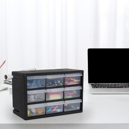 9-Drawer Plastic Drawer Hardware Storage Cabinet, Small Plastic Drawer Storage Cabinet for Garage, Black, F
