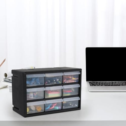 9-Drawer Plastic Drawer Hardware Storage Cabinet, Small Plastic Drawer Storage Cabinet for Garage, Black, F
