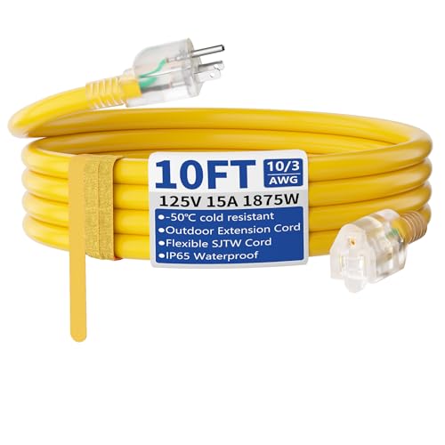 10ft Outdoor/Indoor Extension Cord with Lighted 10/3 Gauge Ultra 3 Prong Heavy Duty SJTW, Waterproof, Flexible Cold-Resistant,15A 125V 1875W, Yellow - size: 10FT