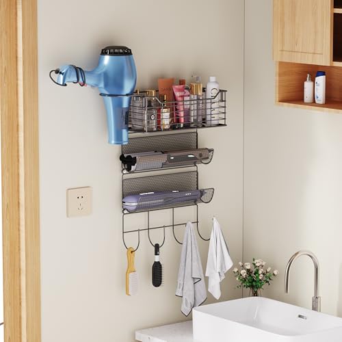 VITVITI Metal Hair Tool Organizer Wall Mount, Hair Dryer Holder with 3 Tier Shelf Basket Hooks, Bathroom Hair Styling Tool Organizer for Curling Iron/Blow Dryer/Straightener, Matte Black - color: 4 Tiers Black