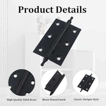 2.5 Inch Antique Style Solid Brass Butt Hinges with Ball Finials, Black Plated Butt Hinges with for Furniture Cabinet Drawer Door, 2PCS - size: 2.5 Inch