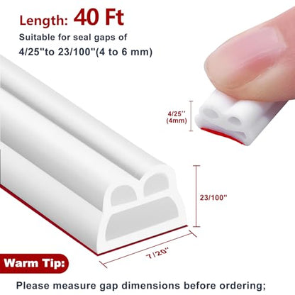 40FT Rubber Weather Stripping Door Seal, Self Adhesive Door Insulation Strip, Block Drafts, Multi-Layer Soundproof, Weatherstripping for Door Frame and Windows (White)