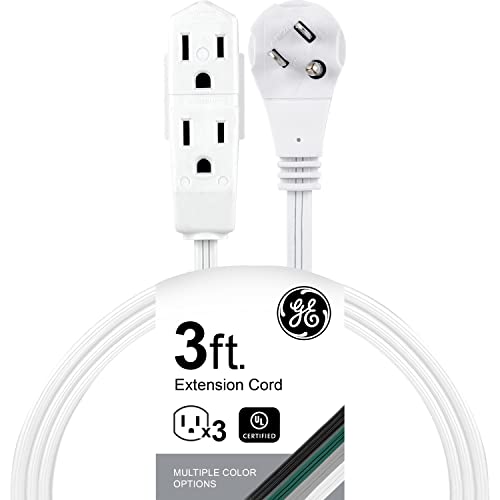 GE 3-Outlet Flat Extension Cord 3 Ft Grounded Extension Cord with Multiple Outlets 3 Prong Outlet Extender Flat Plug Power Strip Indoor 16 Gauge UL Listed White 69869 - color: White, size: 3 Ft