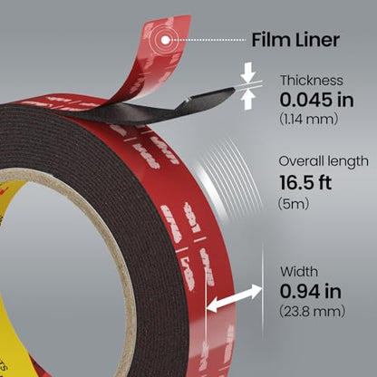 Double Sided Heavy Duty Mounting Tape, 16.5 FT × 0.94 in, Waterproof, High Temp Resistant, for Automotive Trim, LED Strips, Home & Office Décor - size: 16.5FT x 0.94in (Wide Roll)
