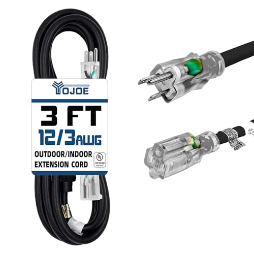YOJOE Indoor Outdoor Extension Cord with Lighted End, 3 Prong 15A Weatherproof Power Cord, 12 Gauge Heavy Duty 3 ft Black Extension Cord for Garage, Garden and Home, 12/3 SJTW UL Listed - color: Black, size: 3 Foot, style: 12/3 Lighted-End