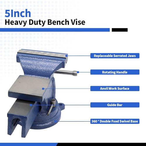 Nakkaa 5" Bench Vise Ductile Cast Iron Bench Vise with 360° Flexible Swivel Locking Base Heavy Duty Home Work 5 Inch Bench Vice 16.4IB/7.4KG
