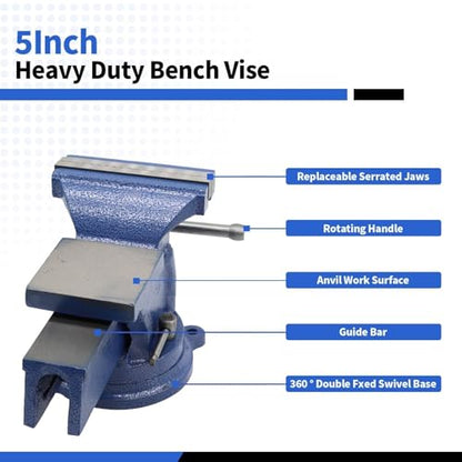 Nakkaa 5" Bench Vise Ductile Cast Iron Bench Vise with 360° Flexible Swivel Locking Base Heavy Duty Home Work 5 Inch Bench Vice 16.4IB/7.4KG