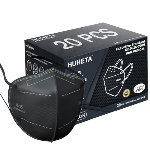 HUHETA KN95 Face Mask 20 Packs, 5 Layer Safety Mask with Elastic Ear Loop and Nose Bridge Clip, Filter Efficiency Over 95%, Protective Masks for Indoor and Outdoor Use (Black Mask) - color: Deep Black
