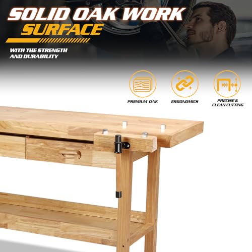 Magshion 60" Rubber Hardwood Work Bench, 500Lbs Load Capacity Heavy Duty Woodworking Table with Solid Oak Vise and Removable Stop Block, Workbench for Garage, Workshop, Home Storage (Natural)