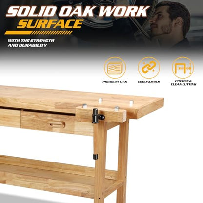 Magshion 60" Rubber Hardwood Work Bench, 500Lbs Load Capacity Heavy Duty Woodworking Table with Solid Oak Vise and Removable Stop Block, Workbench for Garage, Workshop, Home Storage (Natural)
