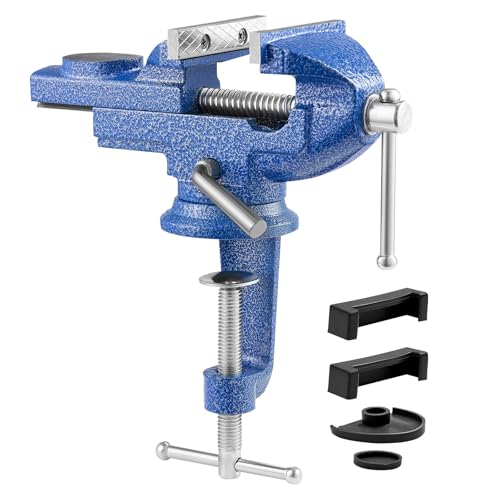 VEVOR Bench Vise, 3 Inch, Portable Workbench Vice with 360° Swivel Base, Quick Release Rotating Bench Clamp, Raised Base, Cast Iron Construction, for Woodworking, Metalworking, Drilling, and Cutting - size: 3inch