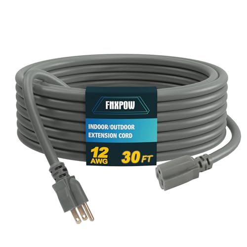 Indoor Outdoor Extension Cord, 12 Gauge 3 Prong Weatherproof Heavy Duty Gray Extension Cords, 12/3 SJTW 15A 30 FT Extension Cable for Garage, Garden and Home, UL Listed - color: Grey, size: 30FT