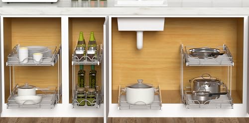 OCG 2 Tier Pull Out Cabinet Organizer (7.5" W x 21.5" D), Pull Out Drawers for Kitchen Cabinets, Pull Out Shelves for Base Cabinet Organization in Kitchen Bathroom Pantry, Chrome Finish - size: 7.5"w X 21.5"d, 2 Tier