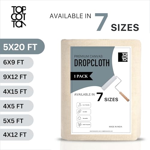 Top Cotton Canvas Drop Cloth 1Pc, Reusable Paint Drop Cloth, 100% Recycled Cotton Canvas Tarp Cover for Painter, Furniture, Floor Protection, All Purpose Painters Dropcloth for Christmas DIY (5x20FT) - size: Pack of 1 - 5' x 20'