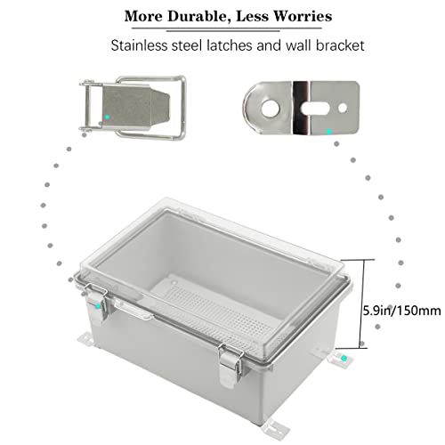 Zulkit Junction Box IP67 Waterproof Electrical Box Hinged Clear Cover Stainless Steel Latch Plastic Enclosure for Project w Mounting Plate Wall Bracket and 2 Cable Gland 13.8"x9.8"x5.9"/350x250x150mm - color: Clear Cover, size: 13.8"x9.8"x5.9"