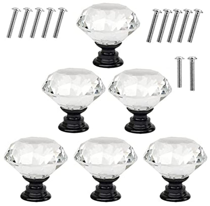 Akstore 6 Pcs Crystal Glass Cabinet Knobs 30mm Diamond Shape Drawer Kitchen Cabinets Dresser Cupboard Wardrobe Pulls Handles (30mm, Clear-Black) - color: Clear-Black, size: 30 mm