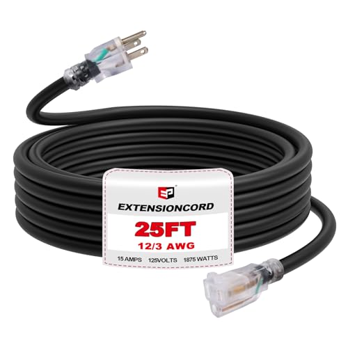 EP 25 Ft Outdoor Extension Cord, 12/3 SJTW Heavy Duty Waterproof Power Cable, 3 Prong Grounded Plug, Lighted End, for Lawn, Garden, Appliances, Black - color: Black, size: 25ft