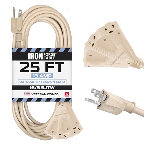 Iron Forge Cable Weatherproof 25 Ft Outdoor Extension Cord - 3 Outlet 16/3 SJTW Heavy Duty Light Brown Extension Cord 3 Prong - 13 Amp Power Cable - color: Beige, size: 25ft