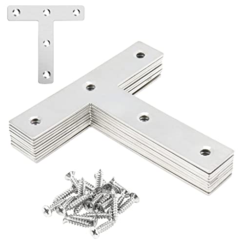 10pcs 80x80mm/3.15"x3.15" Flat T Shape Corner Braces Mending Bracket Plate 304 Stainless Steel for Furniture Repair with 50 Screws