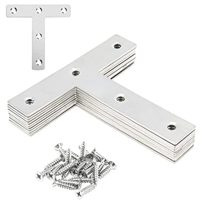 10pcs 80x80mm/3.15"x3.15" Flat T Shape Corner Braces Mending Bracket Plate 304 Stainless Steel for Furniture Repair with 50 Screws
