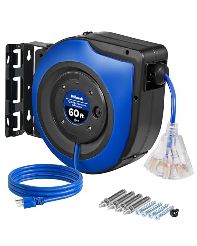 Retractable Cord Reel, 60 FT Heavy Duty Extension Cord, 12AWG/3C SJTOW, 3 Grounded Outlets Lighted Triple Tap, 15A Circuit Breaker, Wall/Ceiling Mounted, UL Listed, Blue U60CR06 - color: Blue