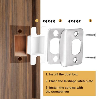 1 Set Door Strike Plate, Standard Door Latch Restorer with Spacer Shim & Dust Box Stainless Steel Security Door Lock Strike Plate Replacement Repair Kits with Screws